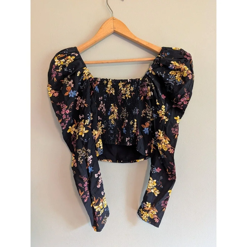 Abercrombie Fitch Black Floral Puff Sleeve Smocked Square Neck Top XS Whimsigoth